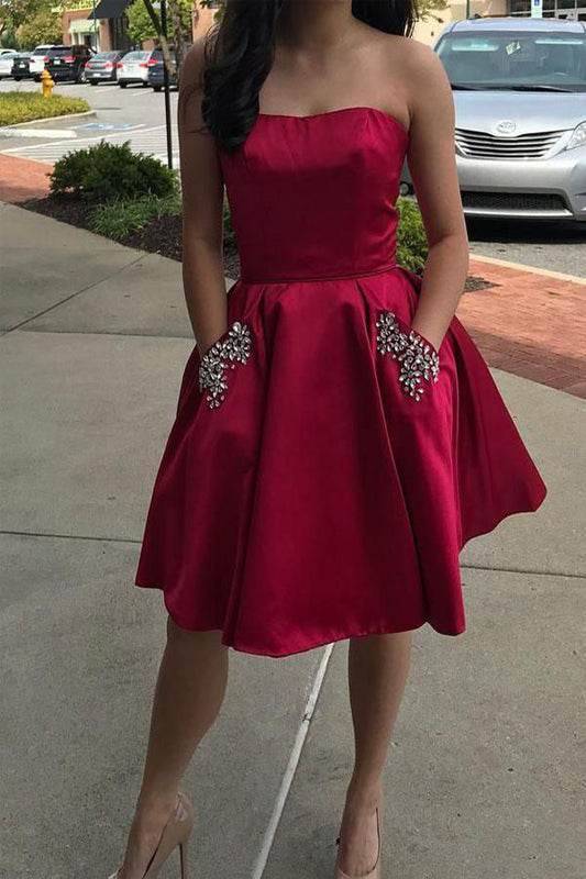 Simple Strapless Beaded Homecoming Dresses with Pockets
