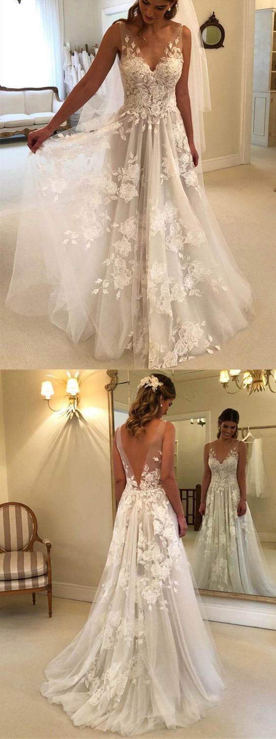 Elegant A-Line V-Neck Tulle Open Back Ivory Wedding Dresses with Lace Appliques