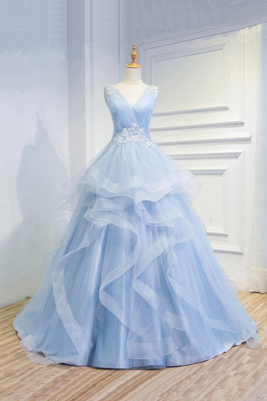 Sweetheart Baby Blue Organza V Neck Ruffles Appliques Prom Dresses