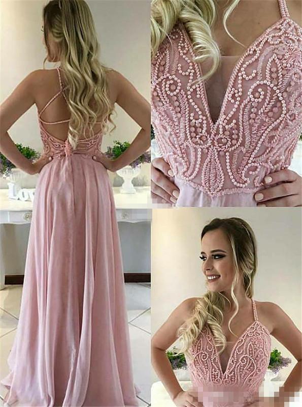 Charming A-Line Spaghetti Straps Sweetheart Pink Long Chiffon Prom Dress