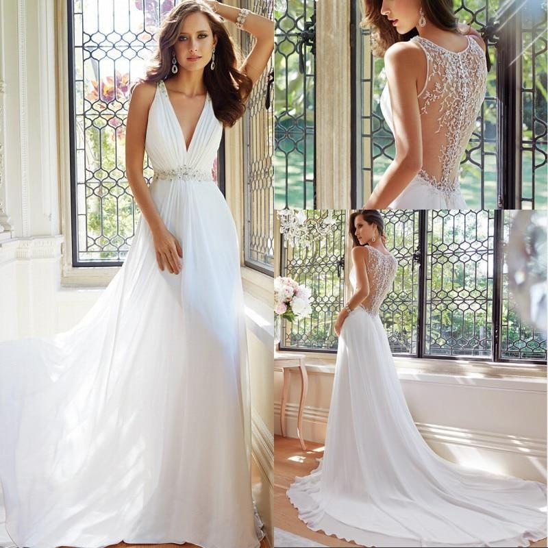 Chiffon V-Neck New Arrival Sexy A-Line White Custom Wedding Dresses