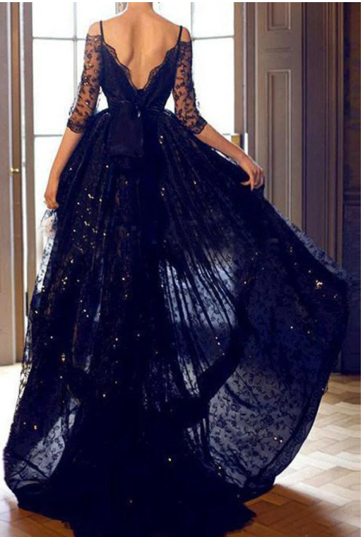 Elegant High Low Half Sleeves Sweetheart Black Backless Lace Evening Dresses