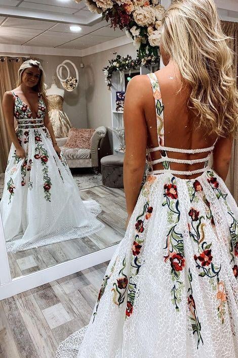Elegant Ivory V Neck Lace Prom Dresses Backless Pockets Evening Dresses with Flowers