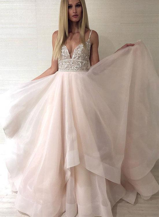 Princess Spaghetti Straps V Neck Tulle Beads Backless Pink Prom Dresses Evening Dresses
