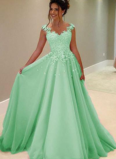 Green tulle lace round neck A-line long prom dresses with