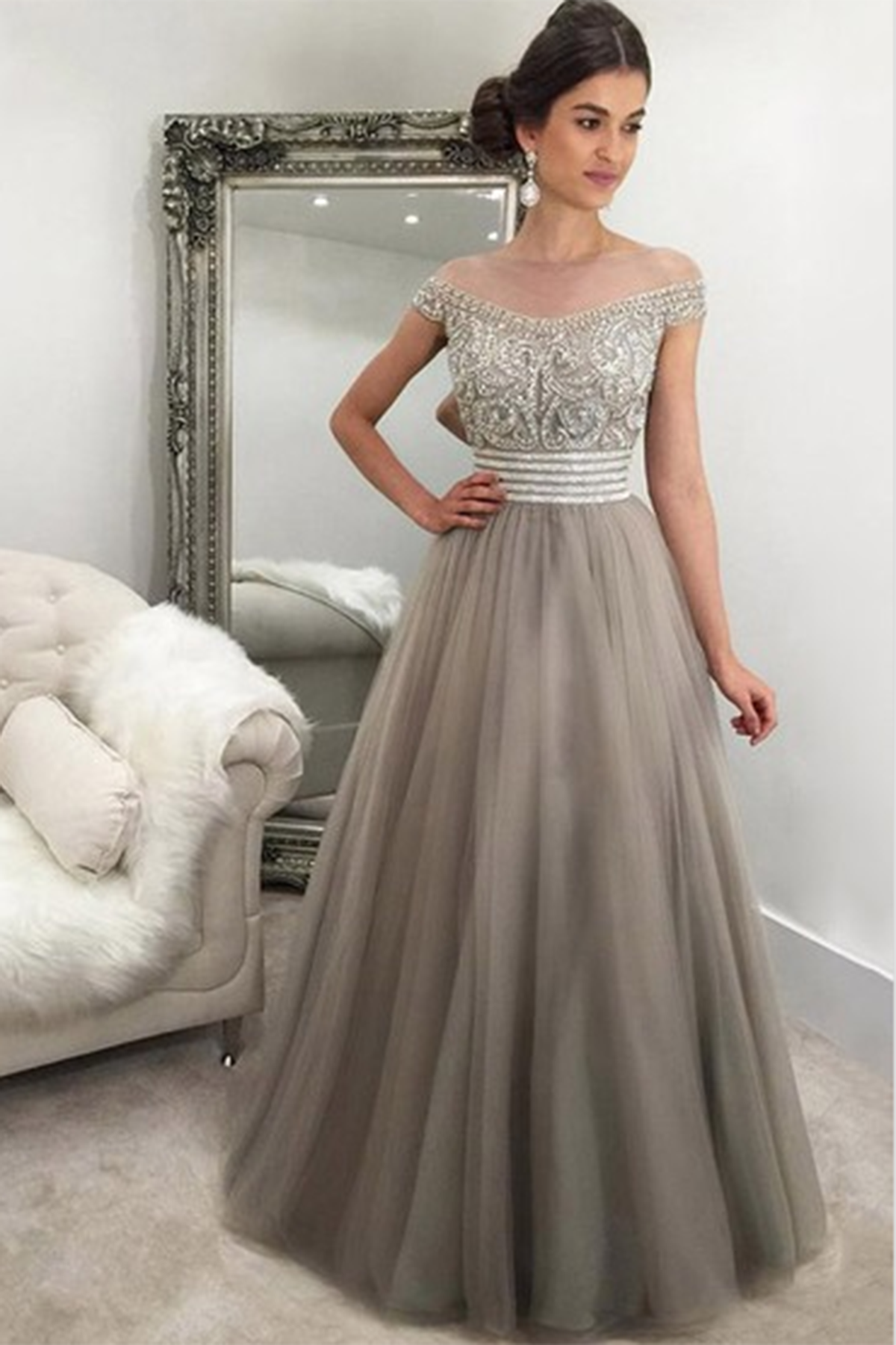 Gray tulle beading off-shoulderA-line long prom