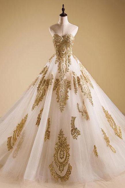 Elegant Gold Neck Tulle Strapless Sweetheart Lace Ball Gown Prom Dress Quinceanera Dress