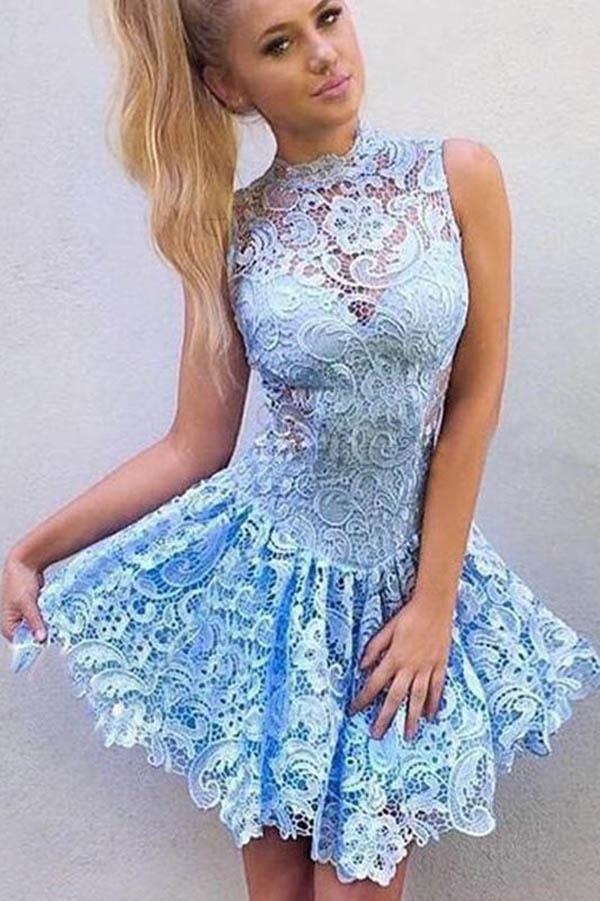 Cute A Line High Neck Blue Lace Appliques Illusion Short Cheap Homecoming Dresses