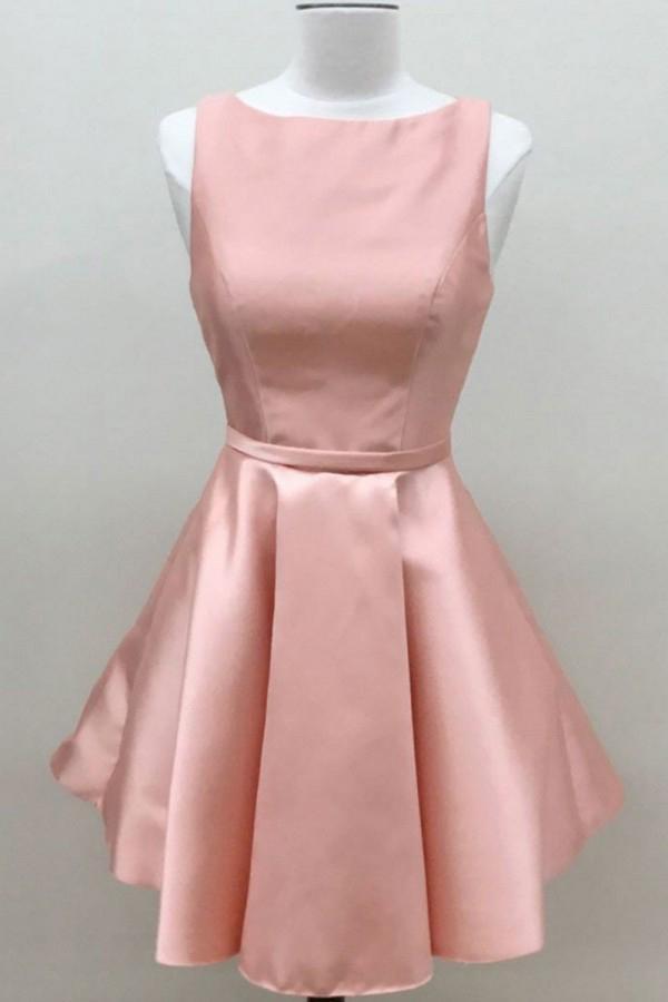 Simple A Line Pink Satin Scoop Cheap Short Prom Dresses Homecoming Dresses
