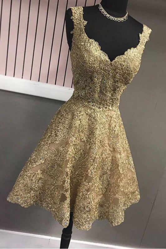 Cute A Line Gold V Neck Lace Appliques Short Prom Dresses Homecoming Dresses