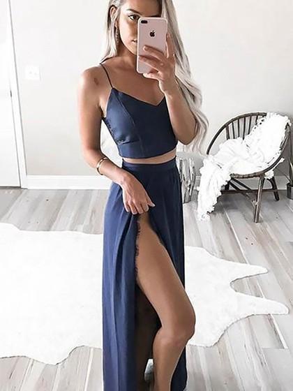 Sexy Two Piece Prom Dresses V Neck A-line Lace Long Slit Sexy Prom Dresses