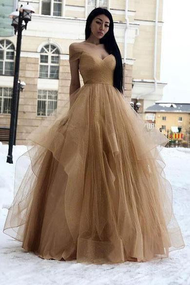 Simple Off the Shoulder V Neck Tulle Prom Gowns Long Cheap Party Dress Formal Dress
