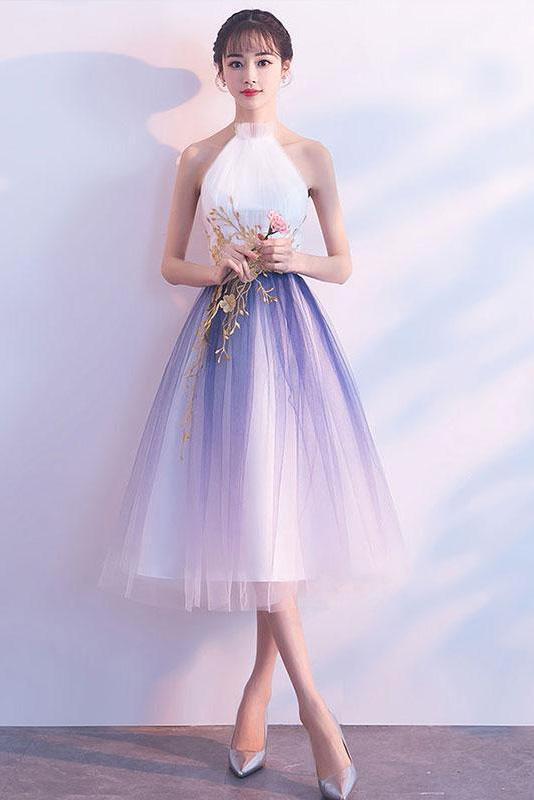 Simple Tulle White and Blue Ankle Length Halter Backless Sleeveless Graduation Dresses