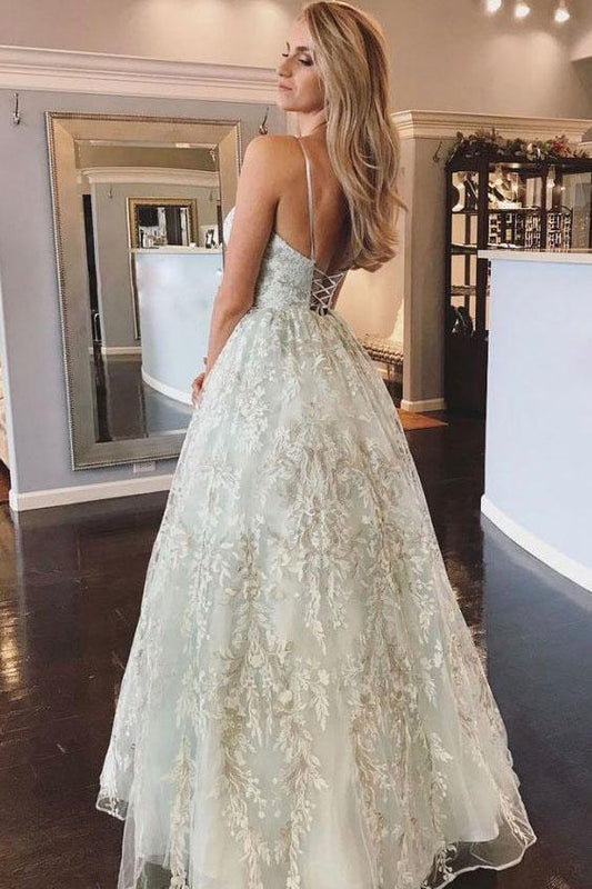 Spaghetti Straps Lace Appliques Beach Wedding Dresses with Lace up Wedding Gowns