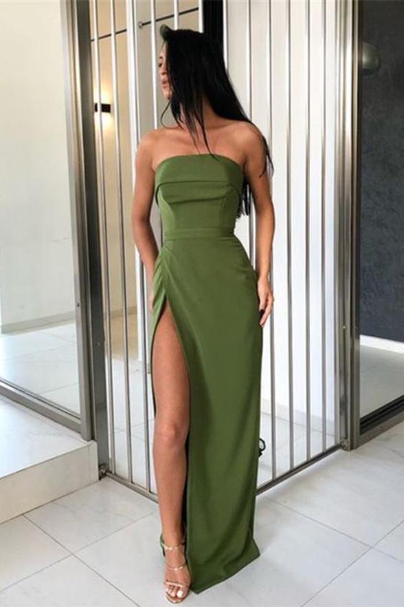 Strapless Mermaid Floor Length Sleeveless Green Side Slit Prom Dresses Simple Dress