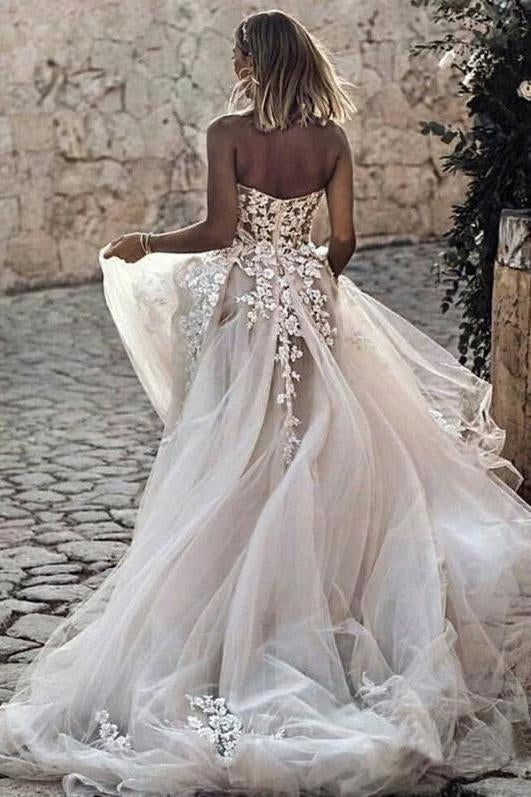 Sweetheart Strapless Lace Rustic Wedding Dresses Long Tulle Beach Wedding Dress