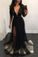 Elegant A Line Sequins Black Tulle V Neck Mesh Patchwork Pleated Maxi Prom Dresses