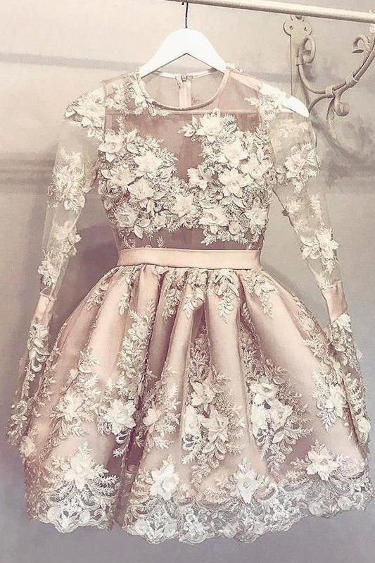 Hand-Made Flower Short Long Sleeves Appliques Lace Cute Prom Dress Homecoming Dress