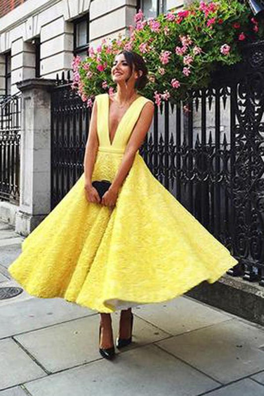 A-Line Deep V-Neck Cute Yellow Tea Length Sleeveless Open Back Lace Prom Dresses