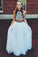 Elegant Two Piece Halter Embroidered Boho Prom Dresses White A Line Long Formal Dresses