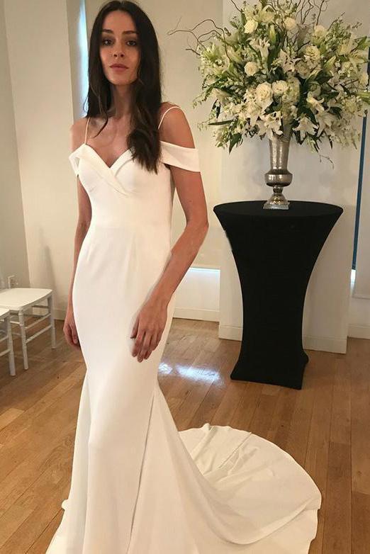 Unique Spaghetti Straps Sweetheart Ivory Mermaid Wedding Dress Long Bridal Dress
