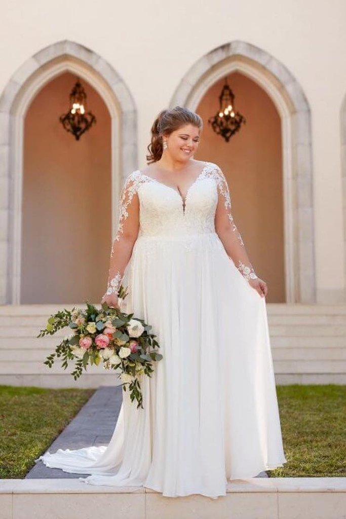 Modest Long Sleeves Lace Chiffon V-neck Plus Sizes Beach Wedding Dresses
