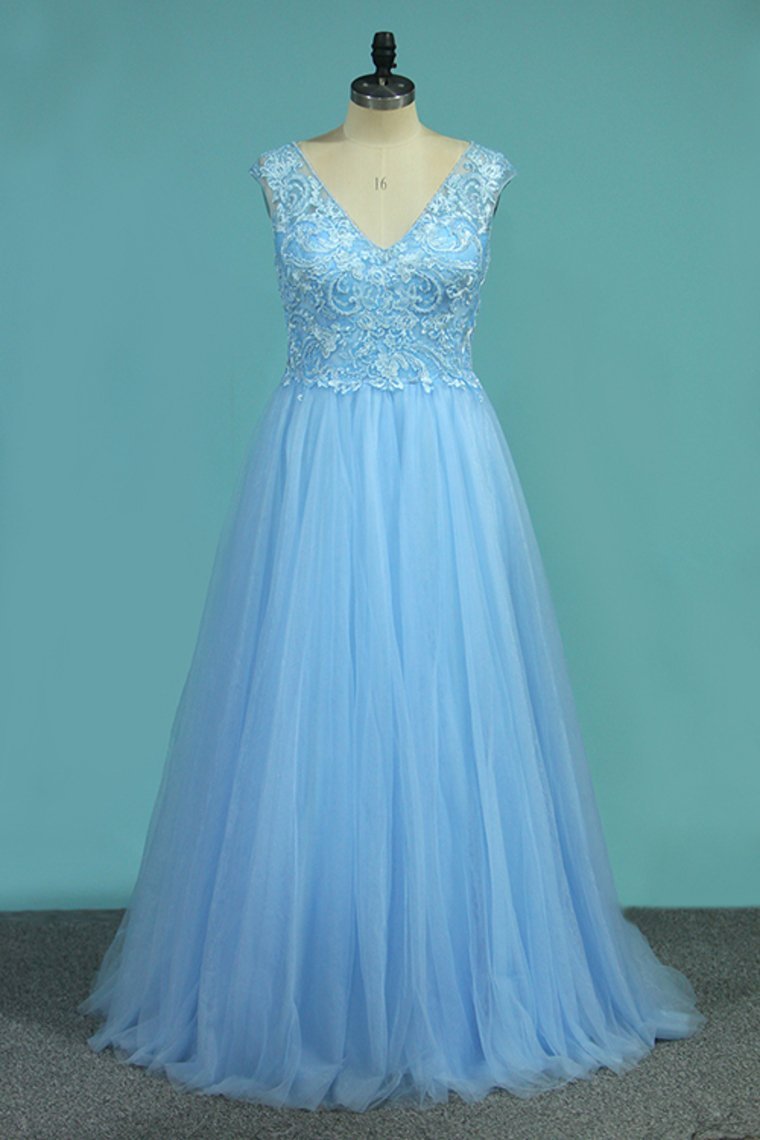 2024 A Line V Neck Tulle Prom Dresses With Applique And Beads Floor