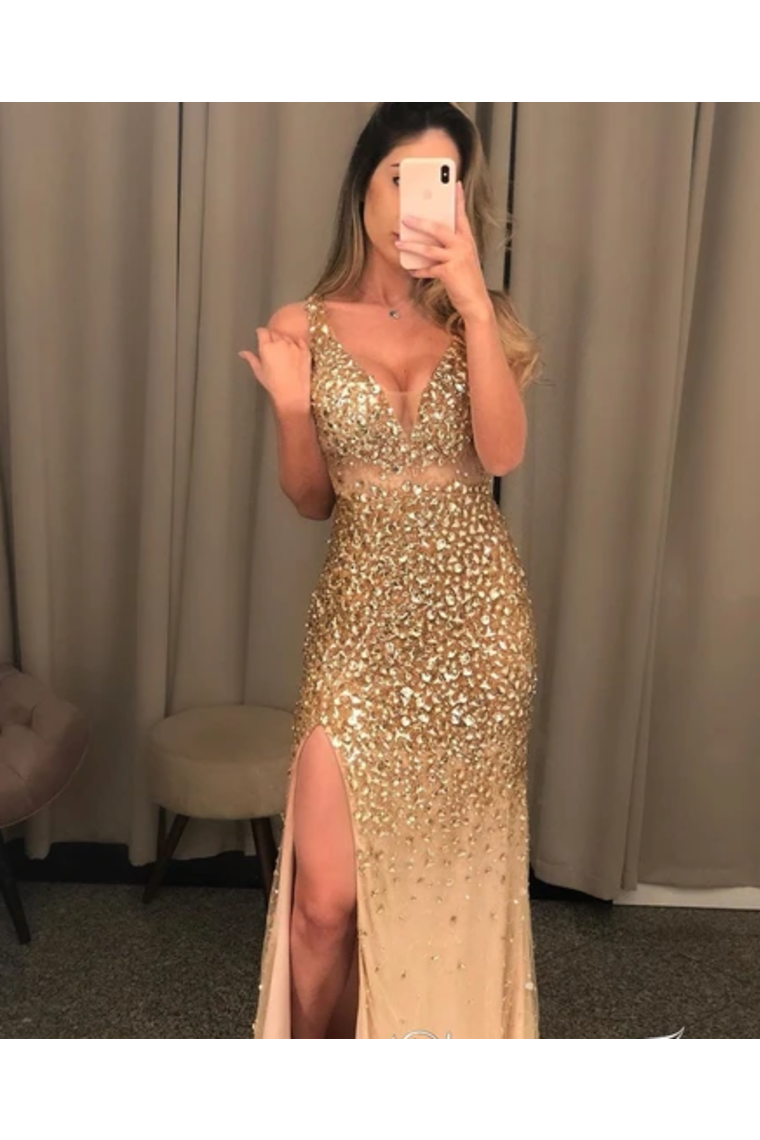 Gold Beaded Glistening Illusion V Neck Party Dress Backless Mermaid Long Prom STCP9TPGCT9