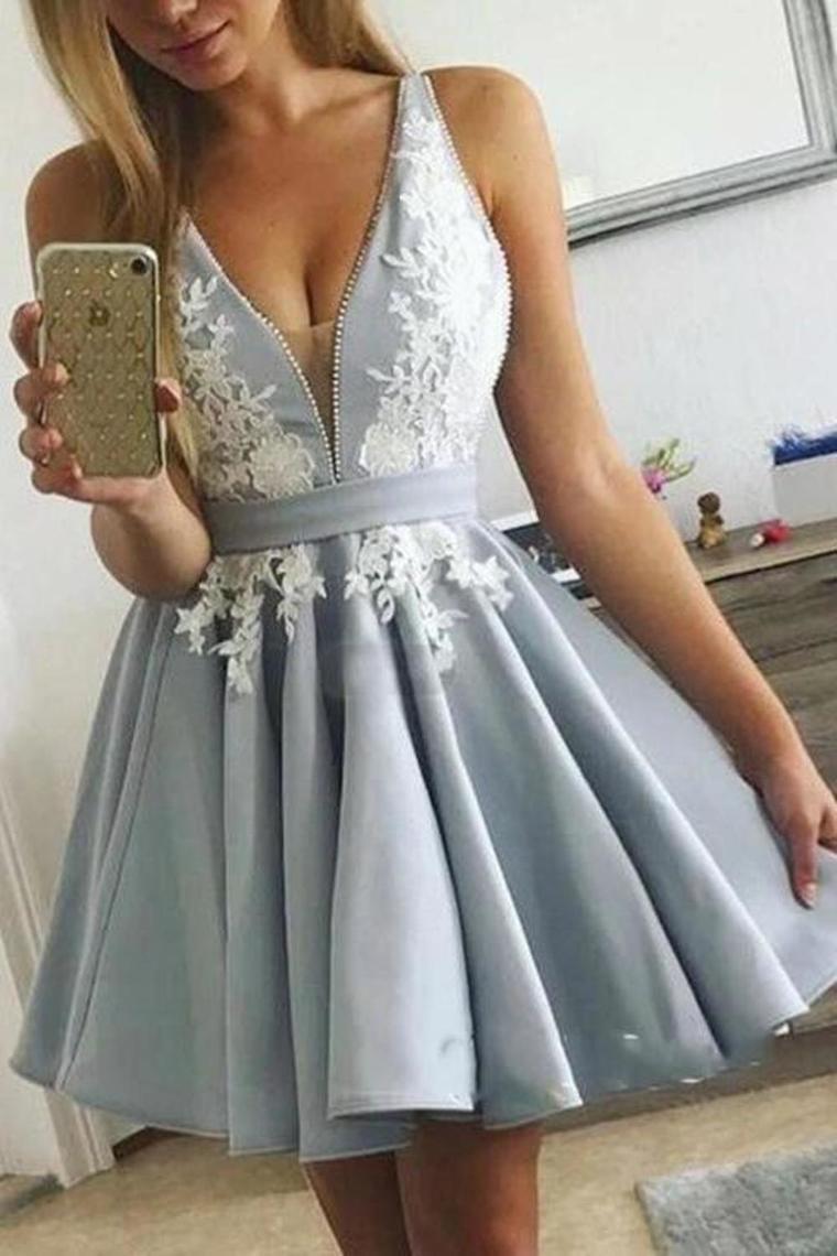 Cute V Neck Short Prom Dress, White Satin Homecoming Dress With