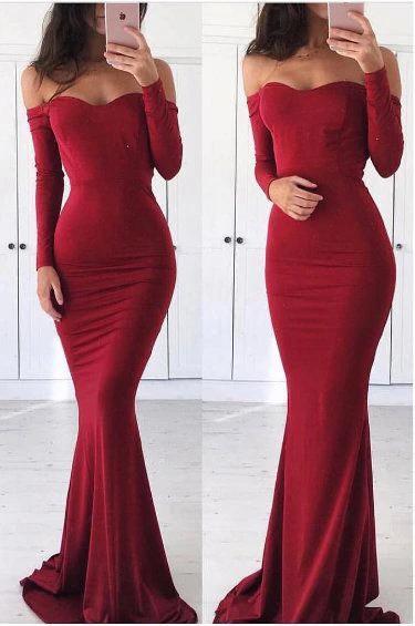 Sexy Off the Shoulder Long Sleeve Sweetheart Red Prom Dresses Graduation STC15668