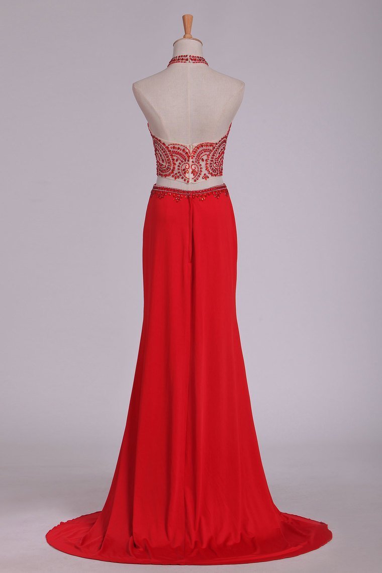 Prom Dresses See-Through High Neck Two Pieces Spandex With Slit And