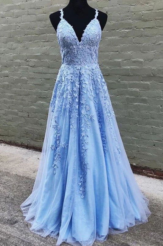 A Line V Neck Long Blue Lace Appliques Prom Dresses, Formal Bridesmaid Dresses STC15042