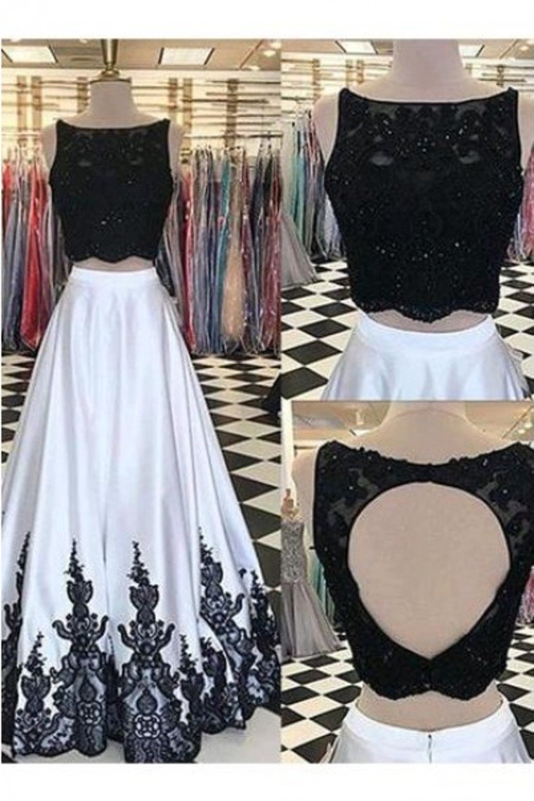 Black Amd White 2 Pieces Long Lace Satin Open Back Prom