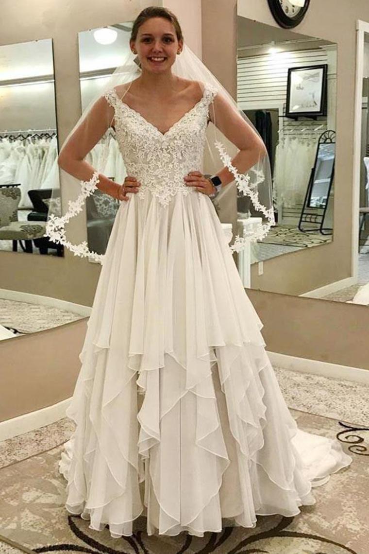 Ivory Lace Chiffon Long V-Neck Elegant Wedding Dresses Modest Wedding