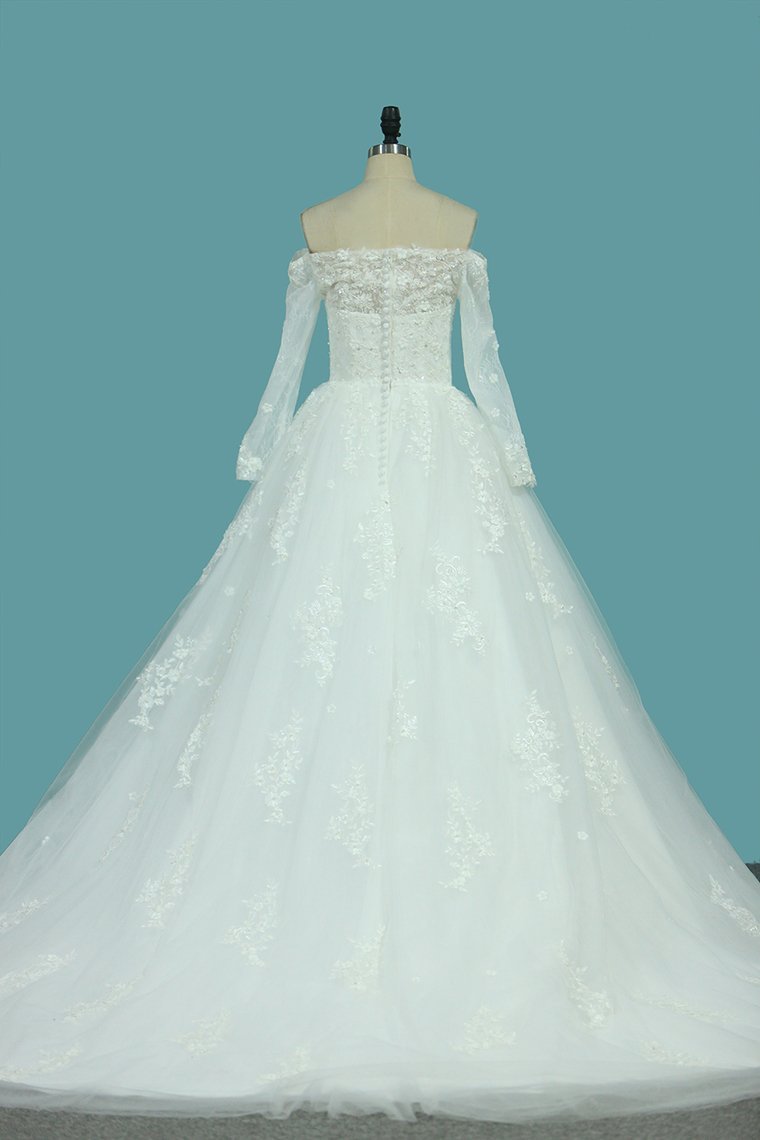 Boat Neck Tulle Wedding Dresses A Line With Applique And Beads Chapel