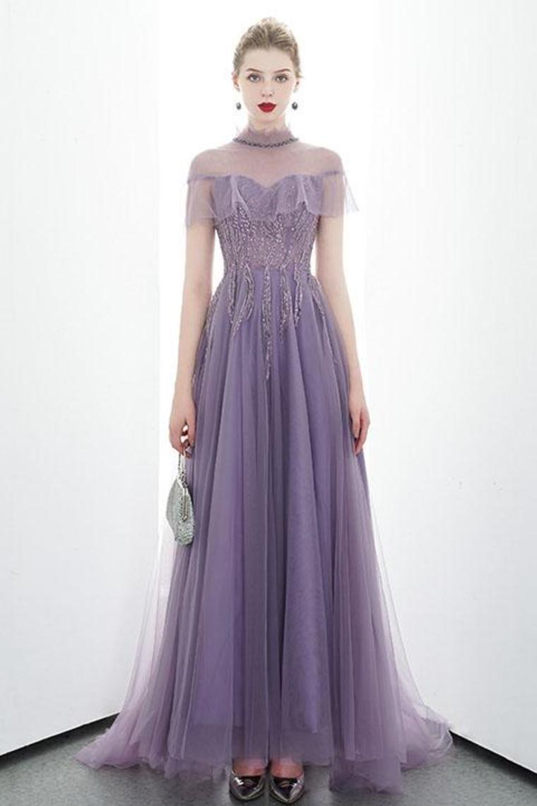 A-Line Tulle Long High Neck Prom Dresses With Ruffles Formal Evening