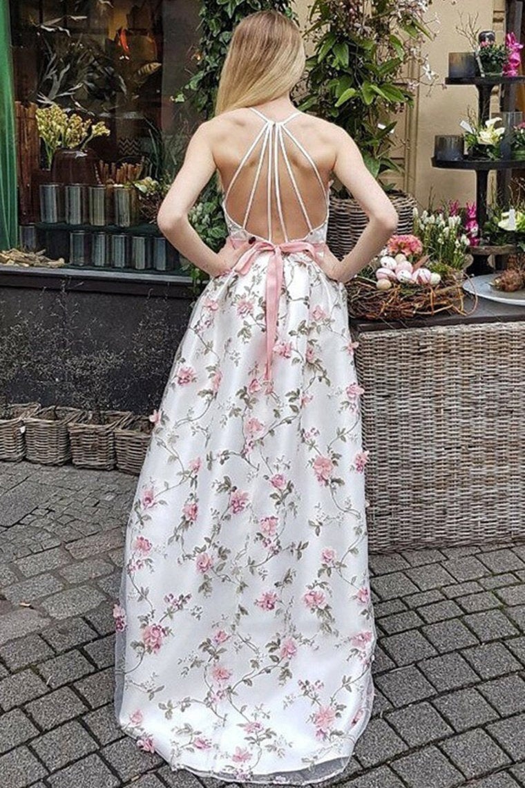 2024 A Line V Neck Spaghetti Straps Flower Lace Long Prom Dresses Party