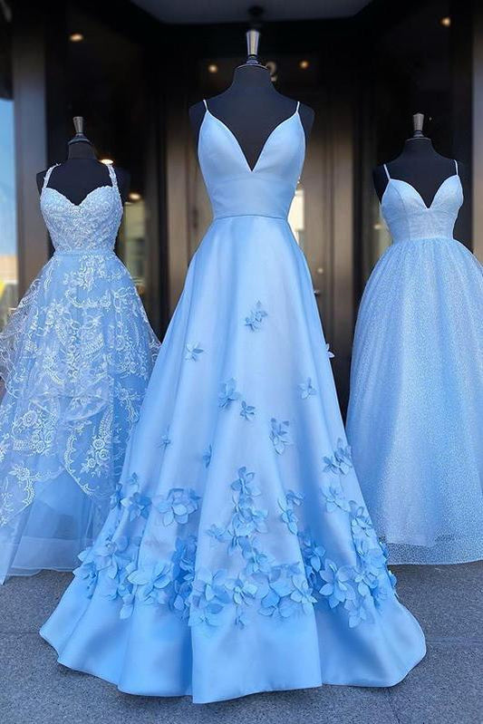 Charming Blue Spaghetti Straps V Neck Flowers Long Prom Dresses Satin Unique Formal Dresses STC15098
