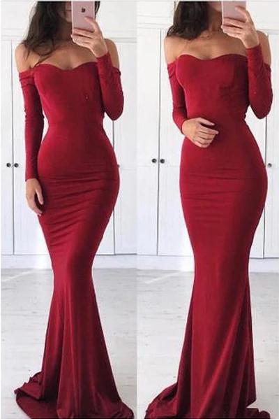 Sexy Off the Shoulder Long Sleeve Sweetheart Red Prom Dresses, Graduation STC15668