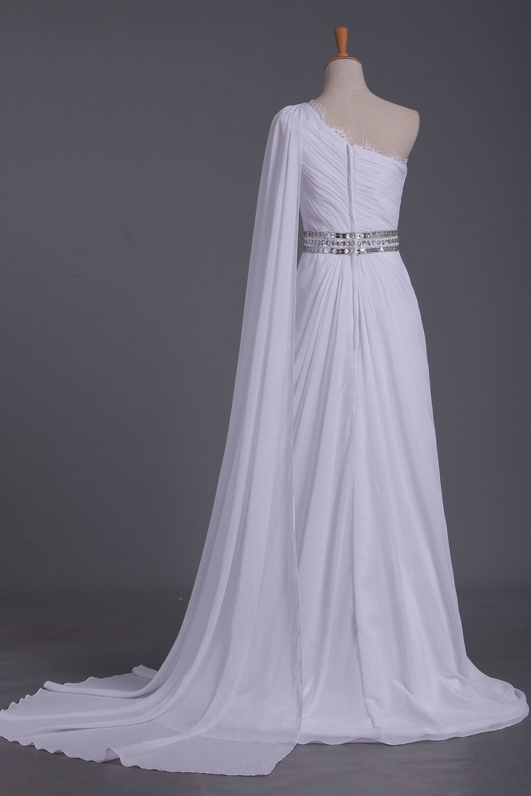 2024 White Prom Dress One Shoulder Pleated Bodice Sheath Beaded Waistline Chiffon Court