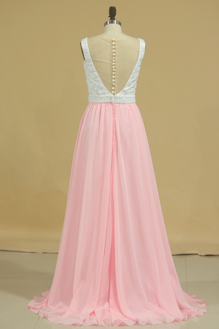 New Arrival Prom Dresses Scoop A Line Chiffon With Beading Sweep Train