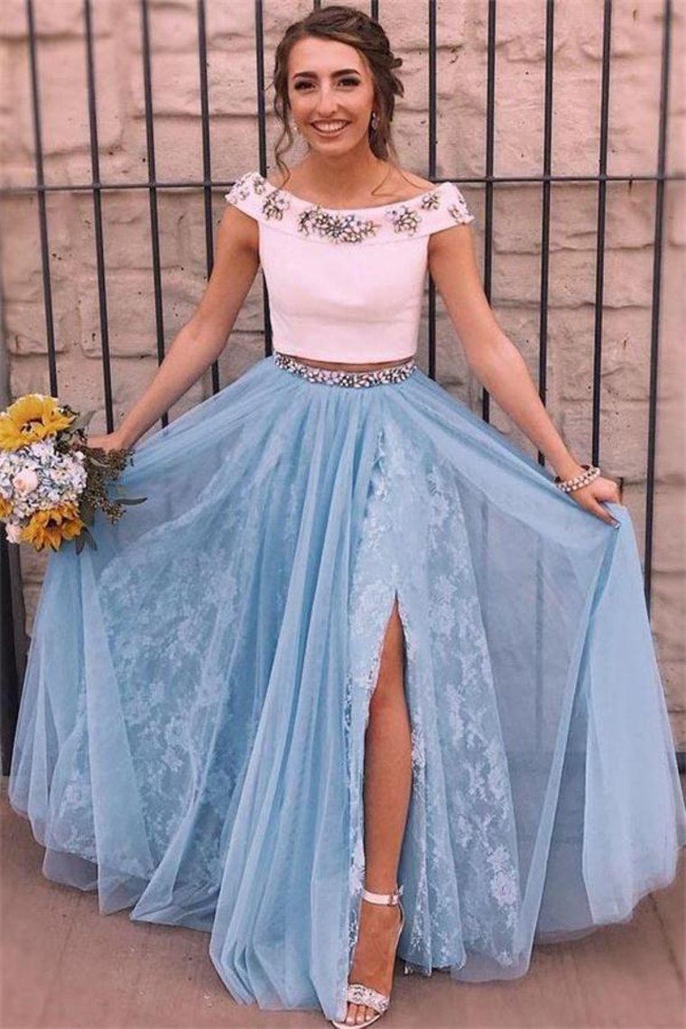 Pretty 2 Pieces Long Tulle Lace Elegant Prom Dresses Evening