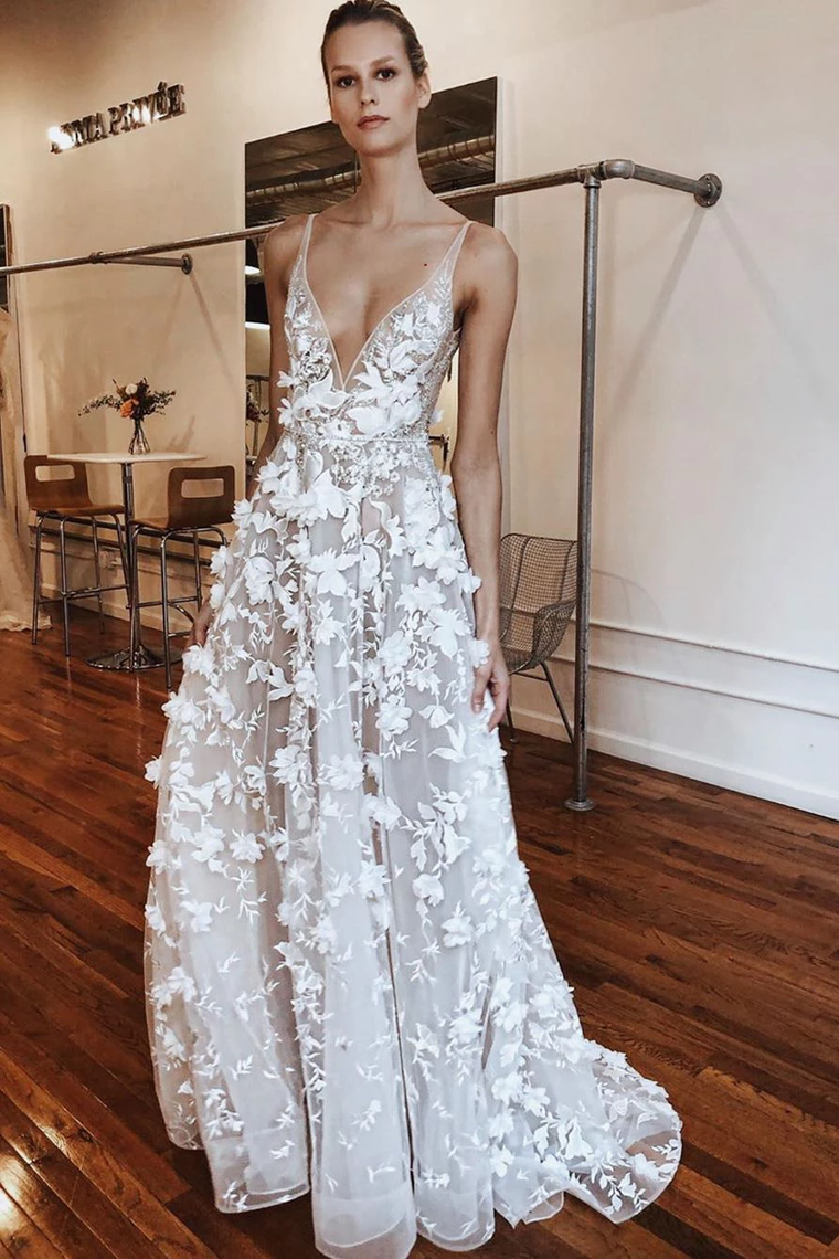 A-Line Floral Applied Long Wedding Dress With Illusion V
