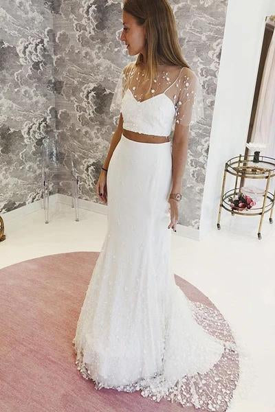 Elegant Two Pieces Lace Mermaid Short Sleeves Tulle Wedding Dresses STC15581