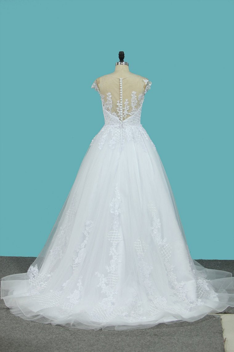2024 A Line Tulle Wedding Dresses Scoop Cap Sleeves With Applique Court