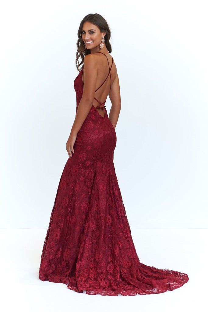 Elegant Straps V Neck Burgundy Lace Mermaid Long Evening Dresses, Prom Dresses STC15206