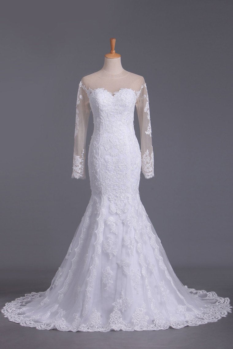 Wedding Dresses Mermaid Scoop Long Sleeves Tulle With Applique Court