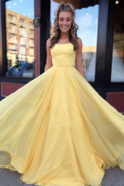 A Line Spaghetti Straps Daffodil Tulle Long Party Dresses, Lace up Formal STC15611