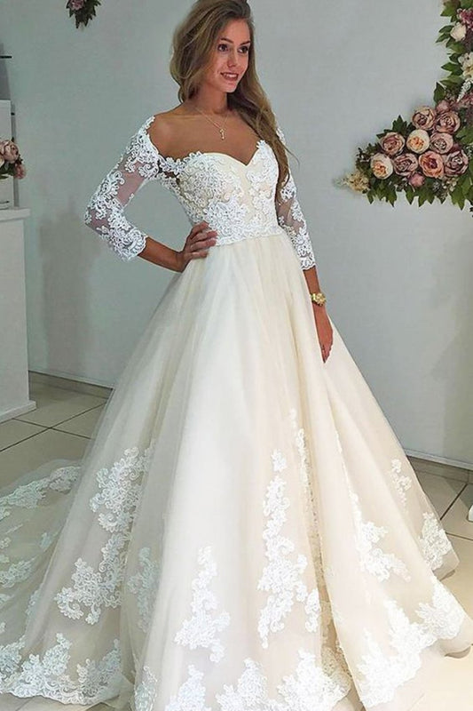 Modest Charming Bal Gown Lace Wedding Dresses With Sleeves Bridal