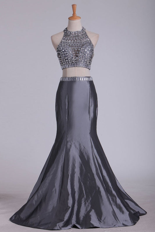 Two Pieces Prom Dresses High Neck Beaded Bodice